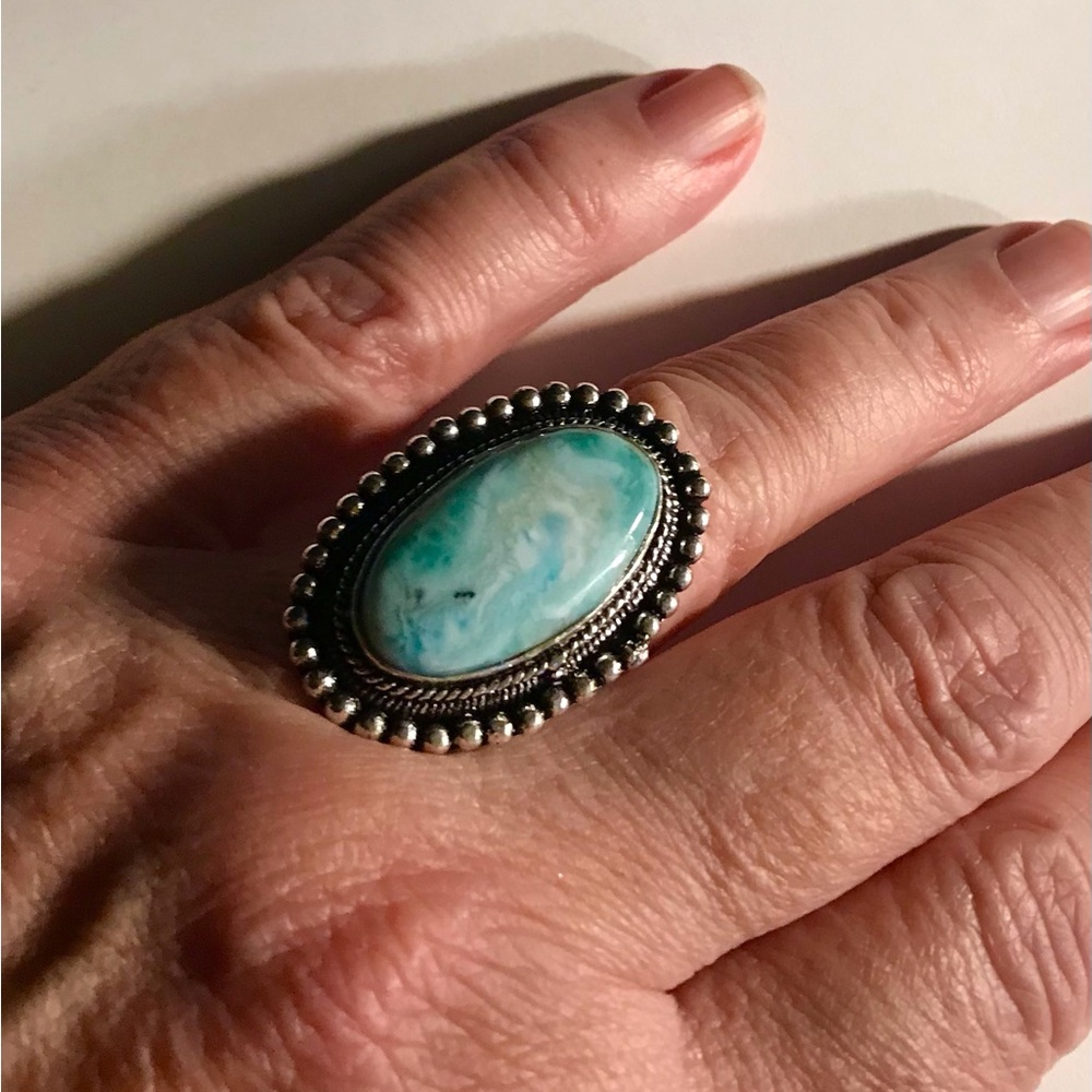 Larimar Stamped 925 Sterling Silver Ring